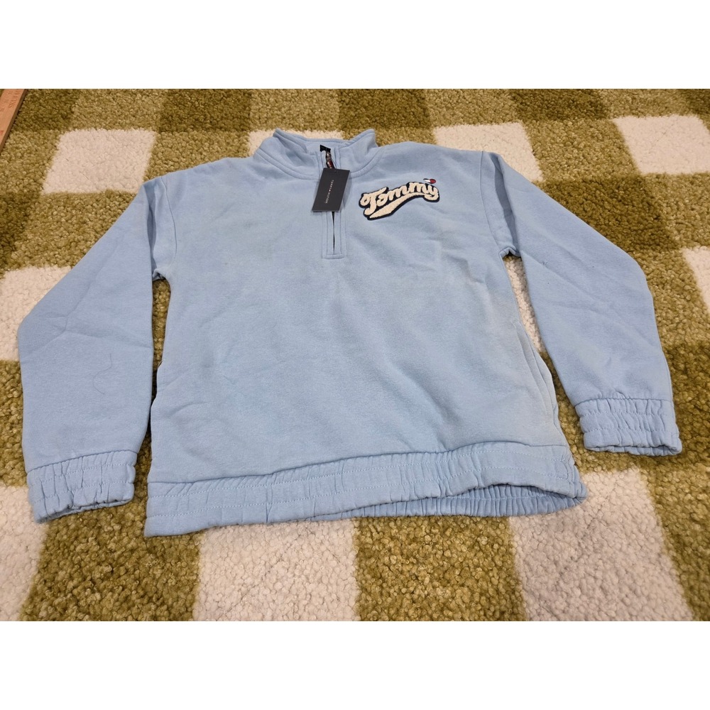 Tommy Hilfiger Girls XL 16 Blue Bell Quarter Zip Chenille Patch Sweatshirt NEW